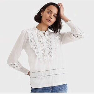 J. Crew White Eyelet Ruffle Cotton Blouse